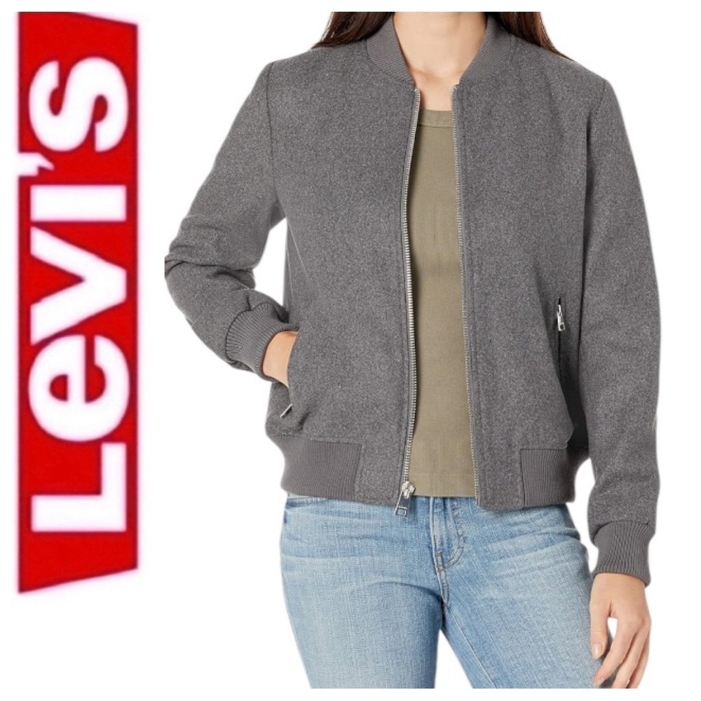 Levi’s Wool Blend Rib Knit Bomber Jacket Grey Full Zip Pockets  Size Medium